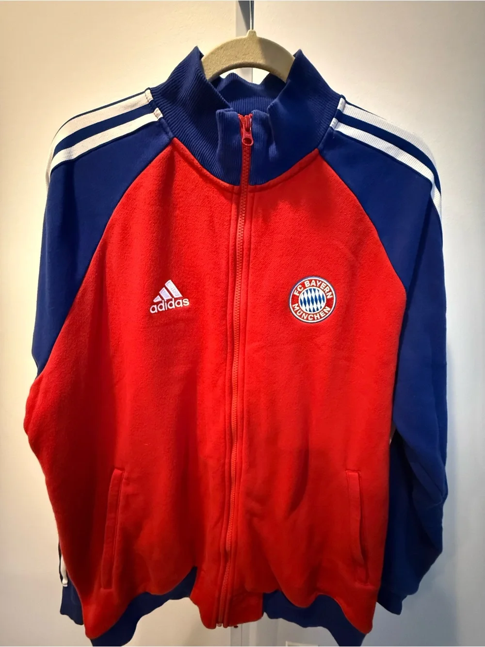 adidas FC Bayern Munchen Red Blue Bomber Track Jacket Three Stripes Men Size XL